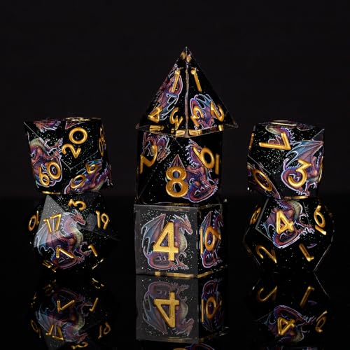 Dragon Pattern Double Layered Starry Sky Black Resin DND Dice Set, d4 d6 d8 10 d12 d20 7Pcs Sharp Edge D&D Dice for RPG MTG D and D Role Playing Desktop Games - color: Dragon Black