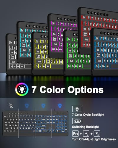 EDJO Large Print Backlit Wired Keyboard,7-Colors Backlight | Full Size ,Oversize Letters Light Up Keys,Compatible for Windows, Laptop, PC