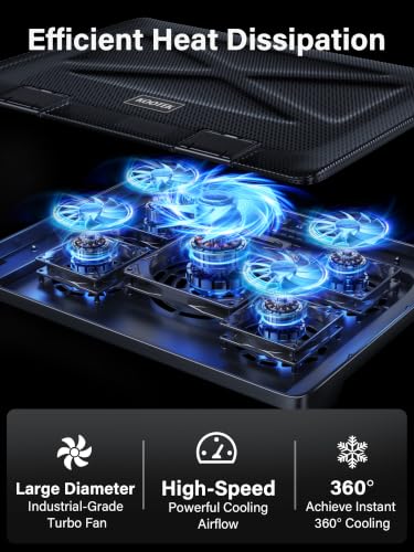 Kootek Laptop Cooling Pad Cooler Stand with 5 Quiet Fans for 12"-17" Laptop | 5 Fans, USB Powered, Laptop Cooling Stand with 2 USB Hub, 6 Adjustable Height, 360° Cooling Coverage, Anti-Slip, Blue LED - color: Blue
