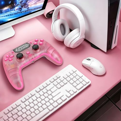 linhugame Wireless Controller for P5/Pro/Slim/PC, with Transparent Shell/RGB Tape Light/Hall Effect Joyticks and Trigger/Macro/Turbo/3.5mm Audio Jack/Speaker and Mic/1500 mAh Large Battery Gamepad (Pink)