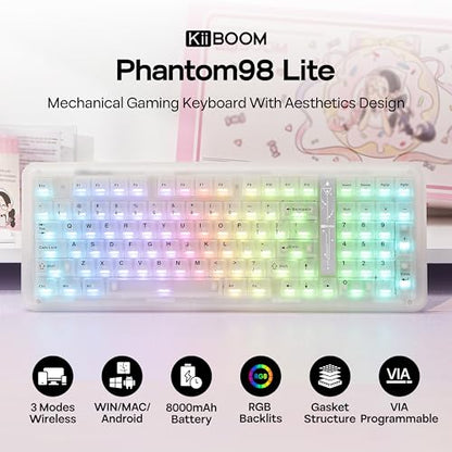 KiiBoom Phantom98 Lite 96% Wireless Mechanical Gaming Keyboard, VIA Programmable, Creamy Keyboard with Gasket, 8000mAh Battery, Hot Swap, RGB Backlits, NKRO for Win/Mac (Clear, Mossy Silent Switch) - color: Clear, size: Mossy Silent Switch