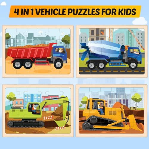 Wooden Puzzles for Kids Ages 4-6, 4 Packs 24 PCS Construction Vehicle Jigsaw Puzzles for Kids Ages 3-5, Preschool Educational Puzzles Boards Toys Gifts for Boys Girls - style: Vehicle