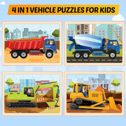 Wooden Puzzles for Kids Ages 4-6, 4 Packs 24 PCS Construction Vehicle Jigsaw Puzzles for Kids Ages 3-5, Preschool Educational Puzzles Boards Toys Gifts for Boys Girls - style: Vehicle