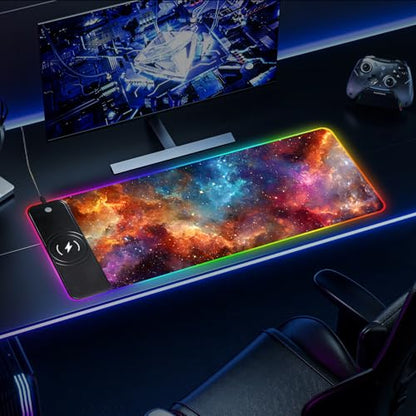 Wireless Charging RGB Gaming Mouse Pad, 31.5 x 11.8 Inch Extended Mouse Mat with Galaxy Nebula Design, LED Desk Pad with 7 Lighting Modes, Non-Slip Base for Gaming & Office - color: 01