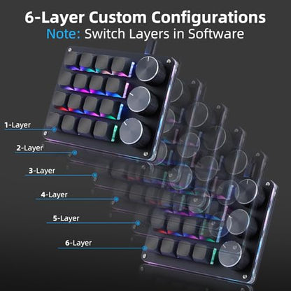 Koolertron Macro Programmable Keypad, One Handed Programmable Mechanical Keyboard, RGB Blue Switch Hot Swappable, 16 Keys 3 Knob Backlit Keypad for Working and Gaming, Black - size: 16-key (3 Knob)