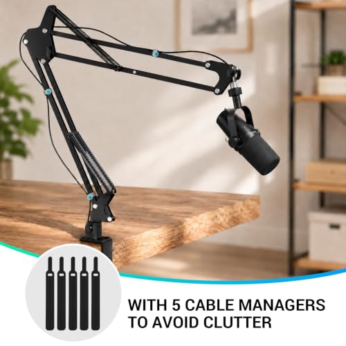 Mic Boom Arm, 1/4 3/8 5/8" Low Profile Microphone Stand, Cable Management | 360° Rotatable, Desk Mount Clamp, Heavy Duty Metal Black, Spring Damping, Streaming, Gaming, Recording, Podcasting, Studio