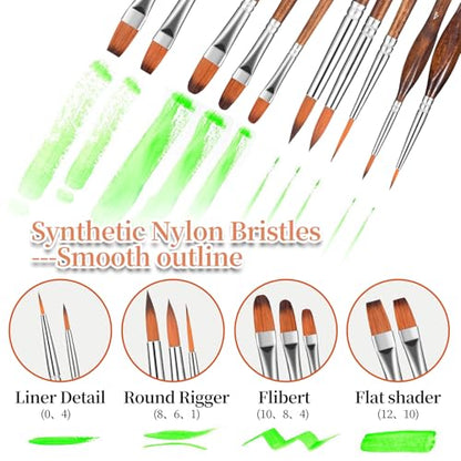 GETHPEN 29pcs Paint Brush Set, Acrylic Paint Brushes, Oil, Watercolor | Paint Brush 9 Shapes with Wide Flat, Filbert, Fan, Dagger, Cat Tongue, Round, Angle, Rigger with Palette Knife & Canvas Roll - style: Assorted Shapes