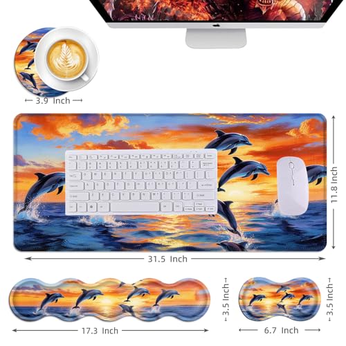 Mouse Pad,Large Desk Mat Set, 4in1 XL Mousepad + Keyboard Wrist Rest+Mouse Wrist Rest+Coaster with Ergonomic Desk Pad for Home Office Table Computer Cover -Dolphin Jumping Ocean Sunset Beach - color: Dolphin Jumping Ocean Sunset Beach
