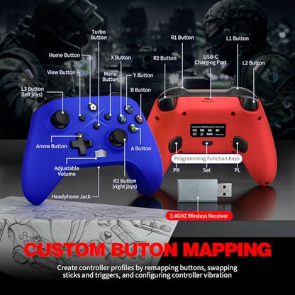 Dinosoo 2 Pack Wireless for Xbox One, Series X|S, & PC, with Turbo, Macro, Dual Vibration Hall Trigger, 3.5mm Audio Jack, Built-in Battery, with 2.4GHz Adapter - color: red and blue