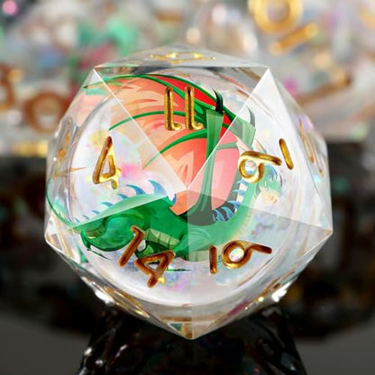 DNDND Green Dragon Dice with Golden Numbers | Liquid Core 7-Piece Sharp Edge D&D Dice Set | Dragon Themed Collectible Metal Case | RPG Tabletop Gaming Gift - color: Liquid Dragon Green