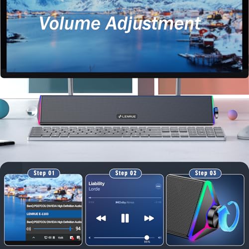 LENRUE Computer Speakers for Desktop,PC Speakers with Single USB for Power and Stereo Sound,Touch Lights Gaming Speakers Sound bar for Desktop PC Laptop(USB-C Adapter Included)