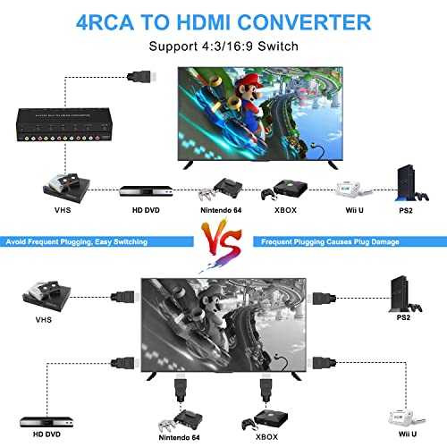 4Port AV to HDMI Converter, 4Port AV to HDMI Switcher with IR Remote, Support 16:9/4:3 and Quick Switch Compatible with WII/N64/SNES/Xbox/PS1/PS2/PS3/VHS/VCR/DVD Players etc.(4AV In-1HDMI Out) - style: 4Port AV to HDMI Converter
