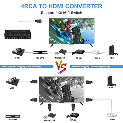 4Port AV to HDMI Converter, 4Port AV to HDMI Switcher with IR Remote, Support 16:9/4:3 and Quick Switch Compatible with WII/N64/SNES/Xbox/PS1/PS2/PS3/VHS/VCR/DVD Players etc.(4AV In-1HDMI Out) - style: 4Port AV to HDMI Converter