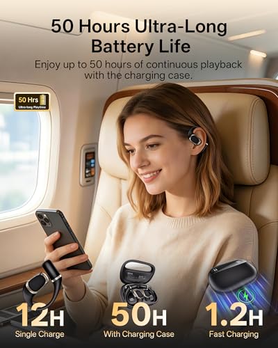 Open Ear Earbuds, Over Ear Headphones with Ear Hooks, True Wireless Bluetooth 6.0 Earphones, Stereo Sound, Ultra-Comfort, 50H Playback, IPX7 Waterproof Ear Buds with Mics for Running Sports - color: Black