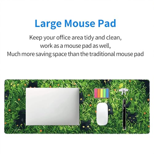 Cute Cat Desk Pad Mouse Pad Green Plant Kawaii Black Cat Flower Large Gaming Mouse Mat with Stitched Edges,Non-Slip Waterproof Rubber Base Mous Mat 31.5"x11.8" Office Computer Keyboard Laptop Home - color: Cute Cat_003, size: 11.8" x 31.5"