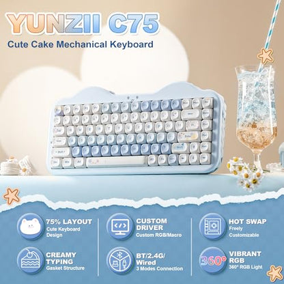 YUNZII C75 Wireless Mechanical Keyboard,75% Layout, Hot-Swappable NKRO,BT5.0/2.4G/USB-C Mode,Dye-Sub PBT MOA Keycaps,RGB Gasket Mount,Cute Cake Design for Mac/Win/Gaming (Blue, Milk V2 Switch) - color: Blue, size: Milk V2 Switch