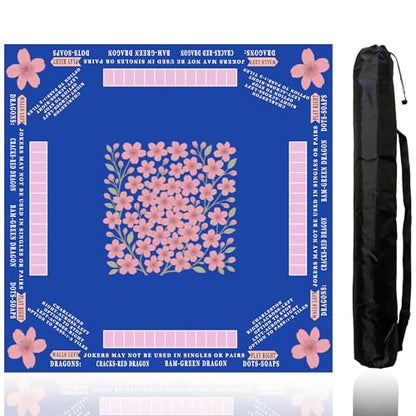 American Mahjong Mat with Rules Printed (33x33, 2.5mm Thick, Cherry Blossom Blue) Mahjong Mat for Table w/Bag, Crease-Proof Waterproof Non-Slip, Soft Mahjong Table Mat, Noise Reduction - color: Cherry Blossom Blue Mat
