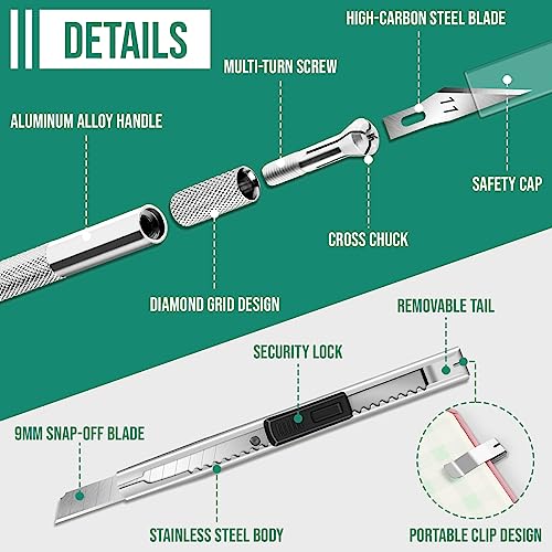 DIYSELF 250 PCS Exacto Knife Set Precision Knife with A5 Cutting Mat, Green | Craft knife, hobby knife set for crafts, modeling and scrapbooking with versatile replacement blades