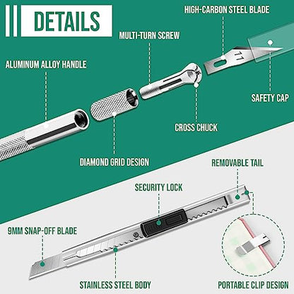 DIYSELF 250 PCS Exacto Knife Set Precision Knife with A5 Cutting Mat, Green | Craft knife, hobby knife set for crafts, modeling and scrapbooking with versatile replacement blades