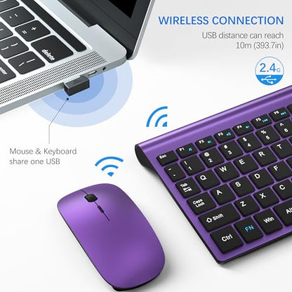 Wireless Keyboard and Mouse Ultra Slim Combo, TopMate 2.4G Silent Compact USB 2400DPI Mouse and Scissor Switch Keyboard Set with Cover, Batteries Included, for PC/Laptop/Windows/Mac - Purple Black - color: Purple Black