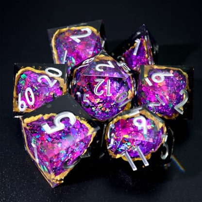 XENOLUX Polyhedral RPG Dice, Resin DND Dice Set for Dungeons and Dragons, Handmade Purple Geode Board Games Accessories with Holographic Foil and Tin Case (G1) - color: G1