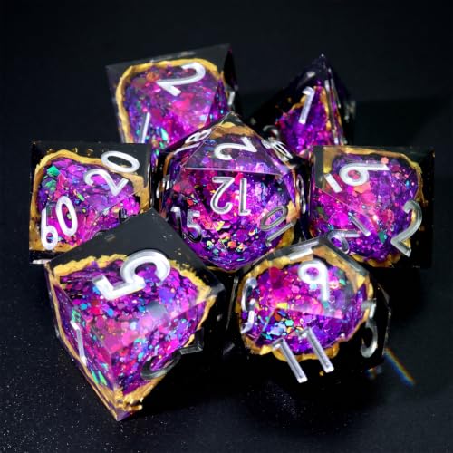 XENOLUX Polyhedral RPG Dice, Resin DND Dice Set for Dungeons and Dragons, Handmade Purple Geode Board Games Accessories with Holographic Foil and Tin Case (G1) - color: G1