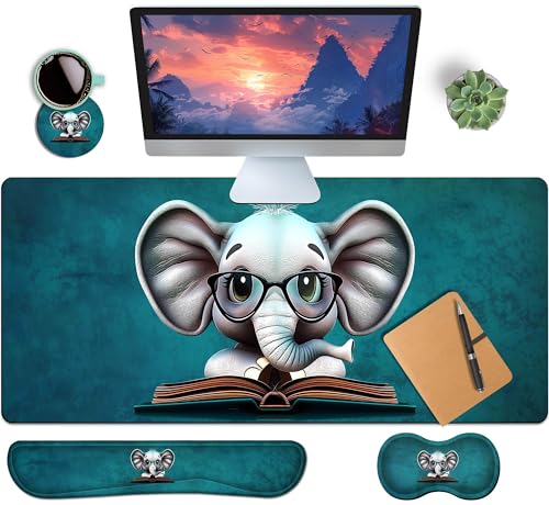 4-Piece Extended Large Mouse Pad Set for Women Men with Elephant Design Includes 35.4 x 15.7 XXL Large Mouse Pad Keyboard Wrist Rest Mouse Wrist Support and Coaster for Office Home - color: Elephant, size: Extra XXL -35.4"X15.7"