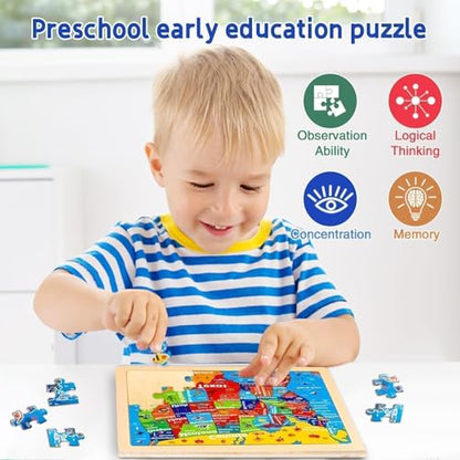 Wooden Puzzles for Toddlers 3-5,6 in 1 Jigsaw Wooden Solar System Puzzles for Ages 4-6,Preschool Educational Brain Toys Birthday Gifts for Boys and Girls 2 4 3 5 Year Old（World Map） - style: World Map