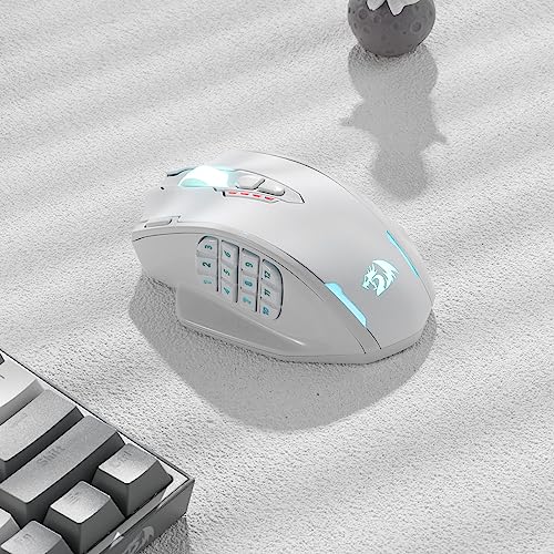 Redragon M913 Wireless RGB MMO Gaming Mouse 16000 DPI Remapping Keys | Cable-Free 0 Delay Dedicated for FPS Gamers, Redefine Keybinding Macro, Vibing Backlight, Ergonomic Grip Body Comfort - color: White, style: Wireless M913