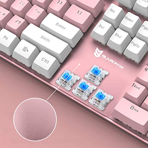 Merdia 104 Keys Full Size Mechanical Keyboard | Blue Switch, Pink & White Color 104 Keys US Layout Led Backlit Hot Swappable Wired Mechanical Light Up Pink Keyboard | Wired Gaming Computer Keyboards - color: Blue Switch Pink & White