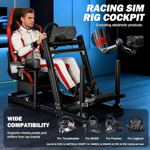 Anman Aluminum Racing Simulator Cockpit with Red Seat | 8040 Aluminum Profiles, Fit for Fanatec/Moza/Logitech/Thrustmaster, Direct Drive Steering Wheel Compatible