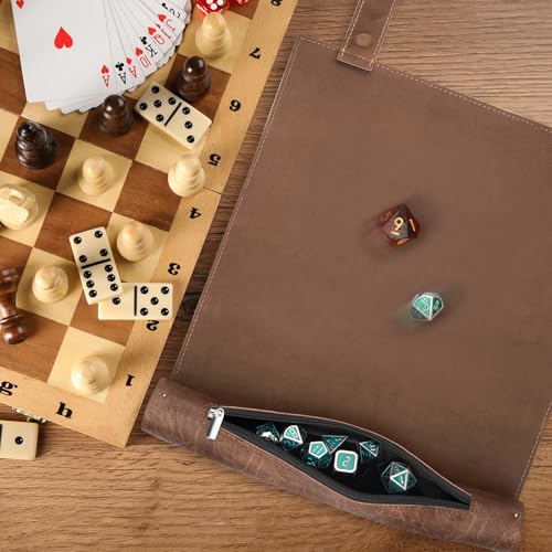SIQUK 2 Pieces Magnetic Dice Mat Tray Rolling Mat with Zipper PU Leather Folding Scroll Dice Holder for D&D RPG Games (Green, Camel) - color: Green, Camel