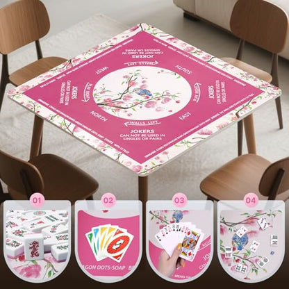 DEVPNR Mahjong Mat for Table with Black Carrying Bag, 32.6"x32.6", Rose Red | Non-Slip Table Cover, Noise-Reducing, with Rules, Easy Storage, for American Mahjong, Poker, Card & Board Games - color: Rose Red