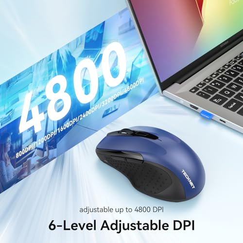 TECKNET Rechargeable Jiggler Wireless Mouse, Dual-Mode Connectivity, Blue | Silent USB A & Bluetooth Mouse, 6 Adjustable DPI, 6 Buttons, Ergonomic Design, Long Battery Life, Multi-Device Compatibility - color: Blue