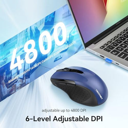 TECKNET Rechargeable Jiggler Wireless Mouse, Dual-Mode Connectivity, Blue | Silent USB A & Bluetooth Mouse, 6 Adjustable DPI, 6 Buttons, Ergonomic Design, Long Battery Life, Multi-Device Compatibility - color: Blue