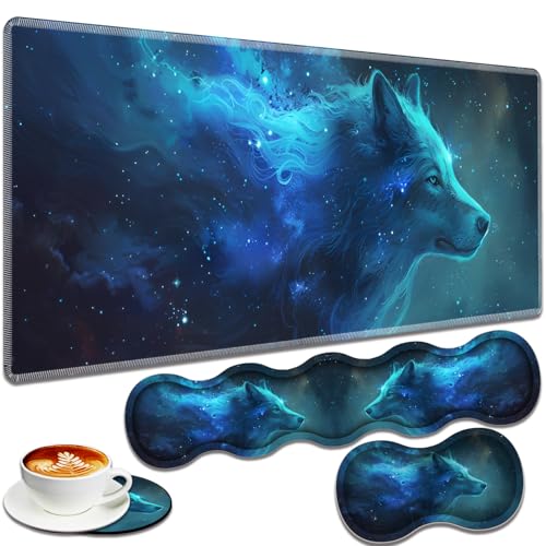 Large Gaming Mouse Pad + Keyboard Wrist Rest + Wrist Support + Coaster Set, Memory Foam Ergonomic for Easy Typing, XXL Extended Gaming Mouse Pad Table Pad - Nebular Wolf - color: Nebular Wolf