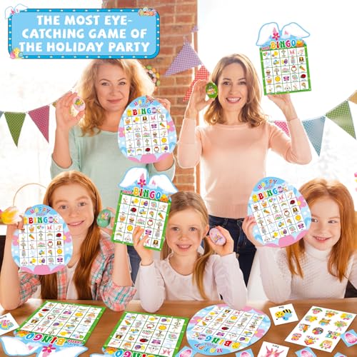 Lonfliness 39Pcs Easter Bingo Game for Adults Kids 24 Players Easter Bunny Egg Shape Bingo Game Cards with Reward Stickers for Family Friends Large Group Activities Happy Easter Spring Party Favors - style: Easter