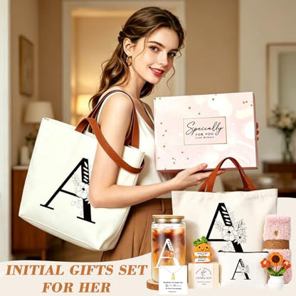 DHQH Birthday Gifts for Women, Monogrammed Gifts Box Included 16 oz Initial Glass Drinking Cup,Canvas Tote Bag, Personalized Iced Coffee Tumbler Gift for Women Her Mom Teacher Friends Sister, A - color: letter-cup-a