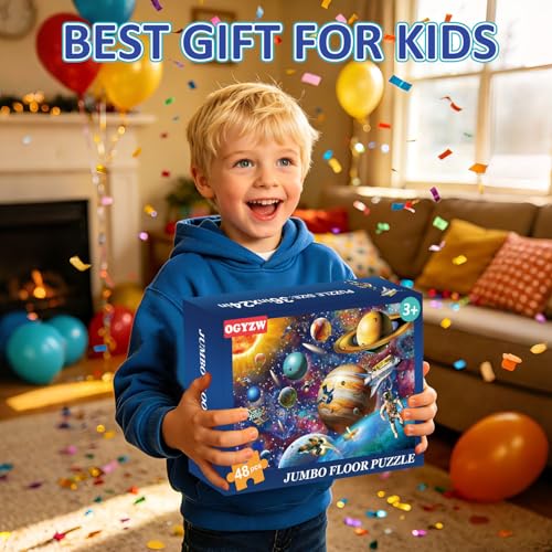 Jumbo Floor Puzzles for Kids Ages 4-6, 48 Pieces Solar System Puzzles | Extra-Thick Large Piece Floor Puzzles for Kids Ages 3-5, Preschool Educational Learning Planet Toys, Gift for Boys & Girls