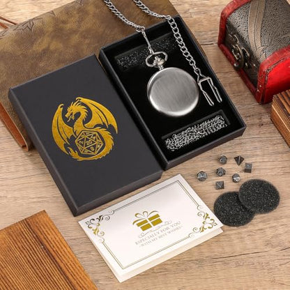 Mini DND Dice Set with Smooth Pocket Watch Shell Case, 7pcs Polyhedral Metal D&D Dice Accessories, DND Gifts with Box for Player, Role Playing Board Games Accessories, DND Gifts, Dark Silver - color: Dark Silver