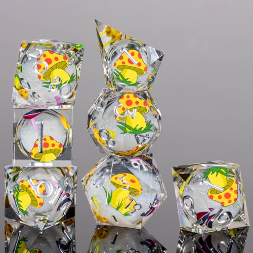 OUKELANWO Liquid Core Mushroom DND Dice Set D&D, 7Pcs Resin Sharp Edge Dice with Gift Box, Dungeons Dragons D and D Role Playing Gaming Dice D20 D12 D10 D8 D6 D4, White and Yellow - color: White and Yellow