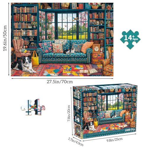 Puzzles for Adults 1000 Pieces,Cozy Study Jigsaw Puzzle with 1:1 HD Poster, Perfect Interlocking No Dust, Stress Relief Ideal Gift for Family Games - color: Cozy Study