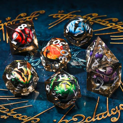 DND Dice Set Dungeons and Dragons Dice, 7 Piece Liquid Core Eye Dice Set D&D Dungeons and Dragons Sharp Edge Resin Dice with Gift Box, Polyhedral Role Playing RPG Dice D20 D12 D10 D8