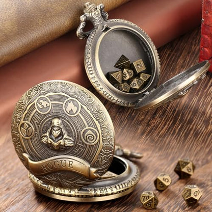 Mini DND Dice Set Steampunk Rogue Pocket Watch Shell Case, 7pcs Polyhedral Metal D&D Dice Set, D&D Gifts with Gift Box for Player, Role Playing Board Games Accessories, Bronze - color: Rogue
