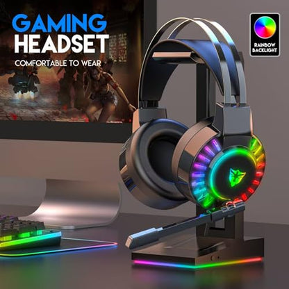 Wired Gaming Headset for PS4 PC Xbox One PS5 Controller, Noise Cancelling Over Ear Headphones with Mic, 7 Color LED Light, 7.1 Surround Sound, Soft Memory Earmuffs for Nintendo Xbox Series(Black)