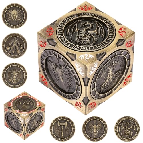 Polyhedral Rotating Game Dice, D&D Spinner Dice, DND Metal Dice | 7-in-1 Metal Dice Set, 3D Relief Design, D&D Gifts, RPG, MTG, Role Playing Board Game Accessories, with Gift Box, Bronze - color: Bronze