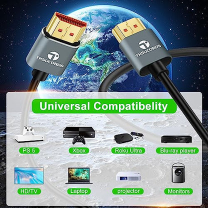 Thsucords Ultra Thin 8K 4K HDMI Cables 3.3FT, Slim & Flexible Soft High Speed HDMI 2.1 Cord Support 4K@120Hz 8K@60Hz 48Gbps for Roku TV/HDTV/PS5/Blu-ray - size: 3.3FT, style: 1-PACK
