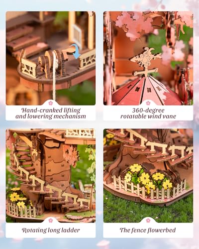 ROBOTIME DIY Miniature House Kits for Adults, 3D Wooden Puzzles for Teenager, Japanese Cherry Blossom Tree Sakura Bonsai Plants for Birthday Gifts and Hobbies (Sakura Tree House)