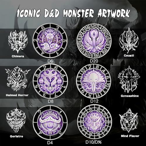 DNDND Multi-Functional Spinner Dice Cube for DND – Iconic Monster Themed Collector's Gift for D&D, Dungeon Masters & RPG Players (Silver&Purple) - color: Silver Purple