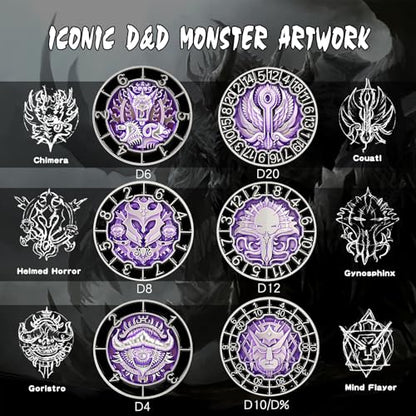 DNDND Multi-Functional Spinner Dice Cube for DND – Iconic Monster Themed Collector's Gift for D&D, Dungeon Masters & RPG Players (Silver&Purple) - color: Silver Purple